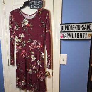 Lilbetter Floral Long Sleeve Dress Large New Burgandy